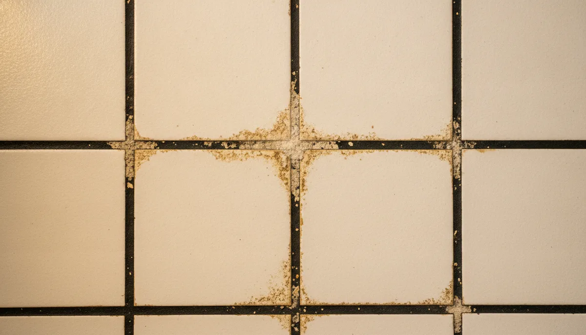 Close-up of stained grout lines and mineral deposits between white Indian bathroom tiles