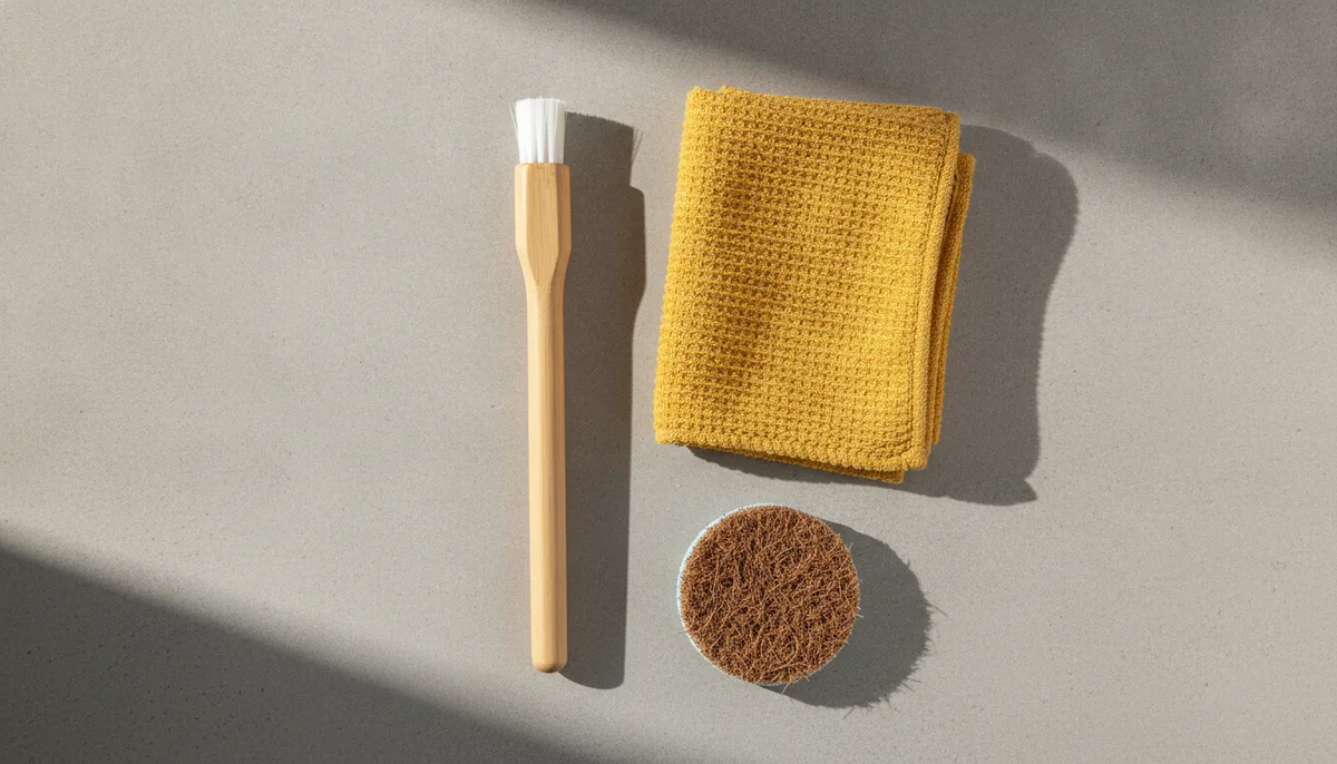 Crevice cleaning tools including a narrow brush, microfibre cloth, and scrubber pad laid flat
