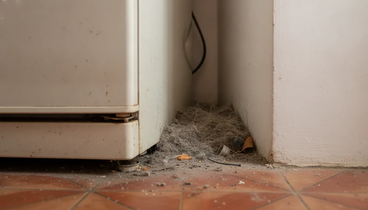 Dusty gap between refrigerator and kitchen wall showing accumulated grime and debris