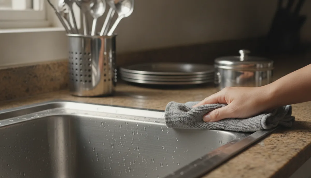 Cleaning a stainless steel kitchen sink with a microfibre cloth in an Indian home