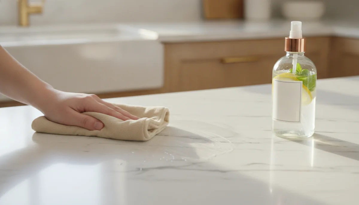 Gently wiping a white marble countertop with a soft cloth to avoid etching