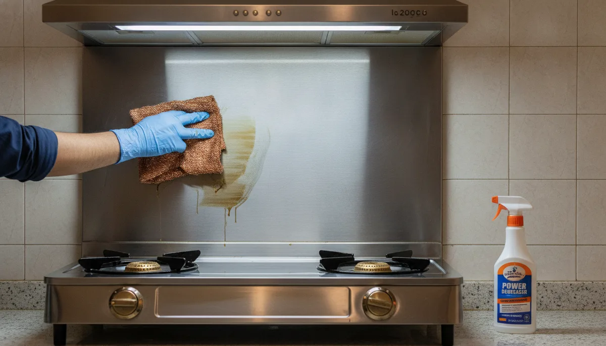 Scrubbing heavy grease buildup around an Indian gas stovetop with a wire dishwashing rag