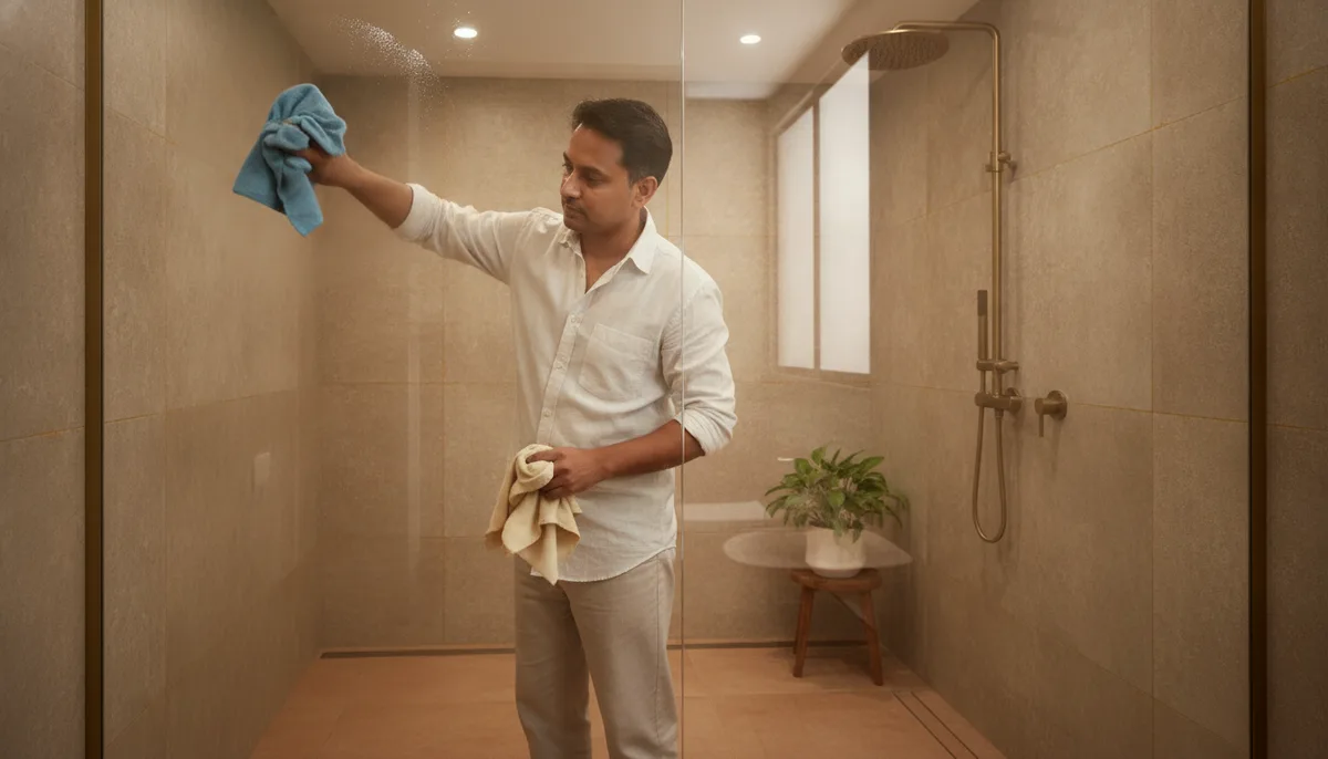 Two-cloth method being used to clean a glass shower panel streak-free