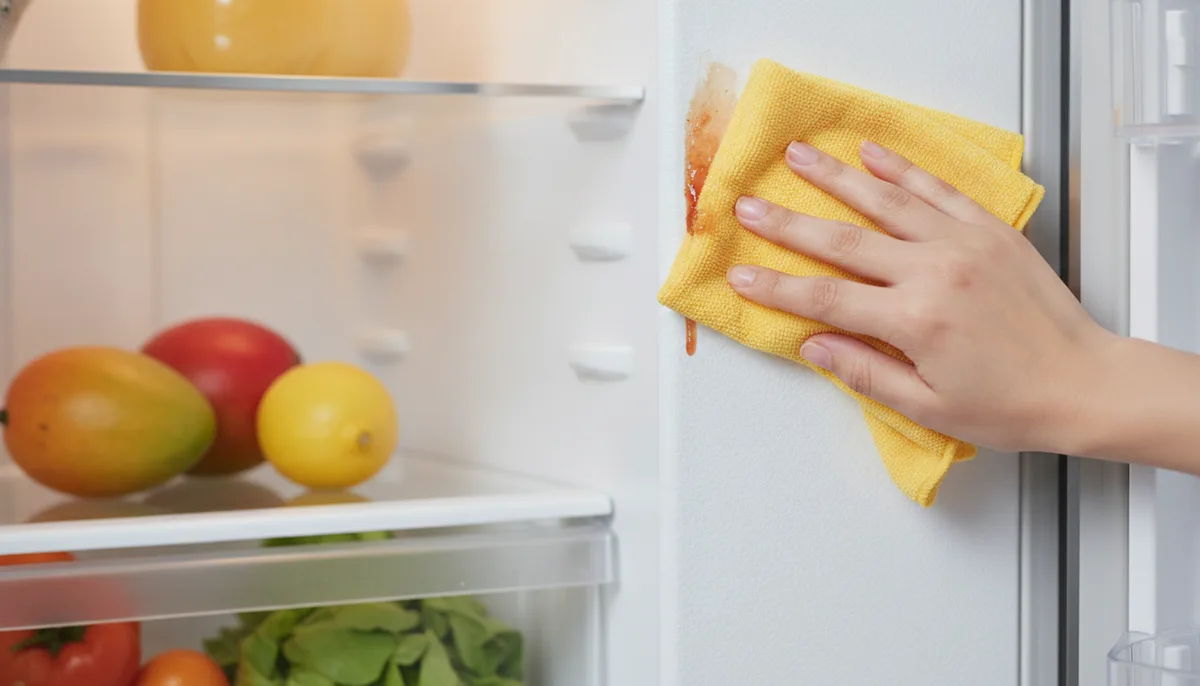 Hand wiping the inside wall of a refrigerator with a damp cloth removing sticky residue