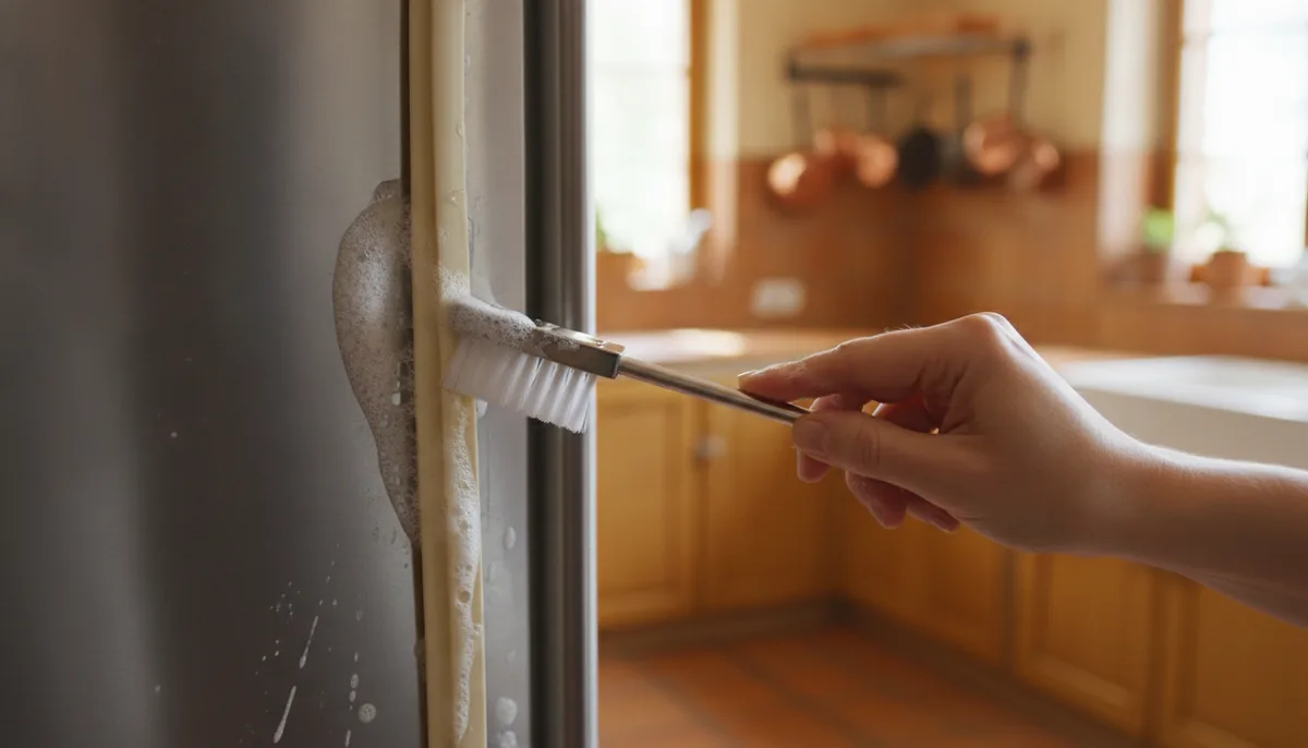Narrow brush scrubbing the rubber door seal of a refrigerator with soapy water