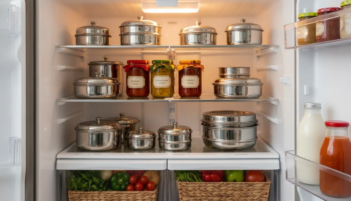 Neatly organised refrigerator interior with covered containers, pickle jars and fresh vegetables