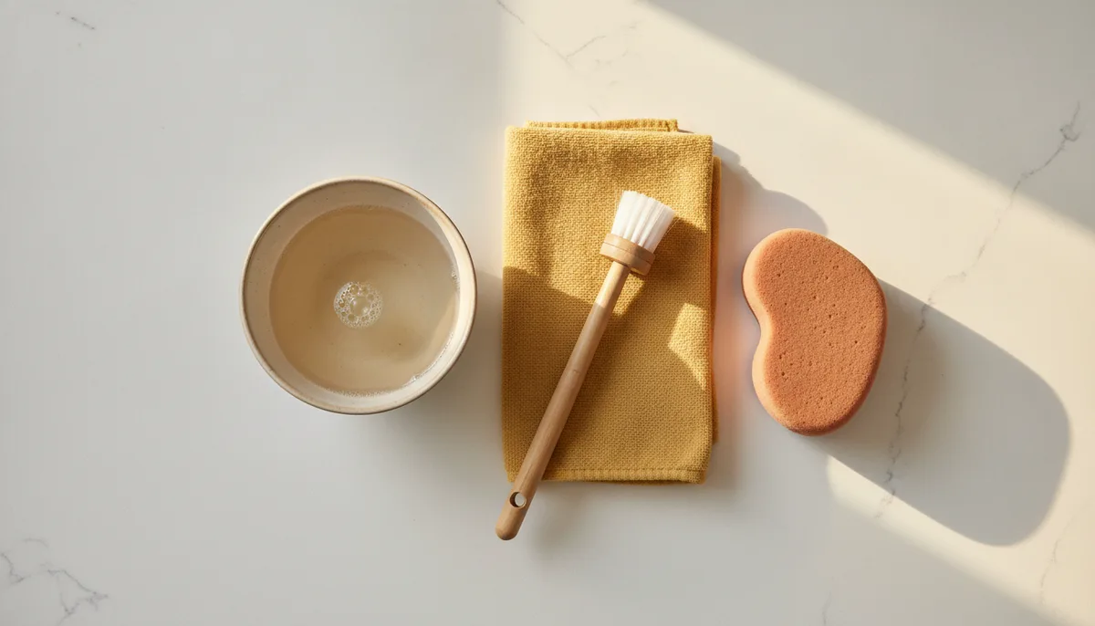 Simple fridge cleaning supplies laid out on a white kitchen counter in natural light