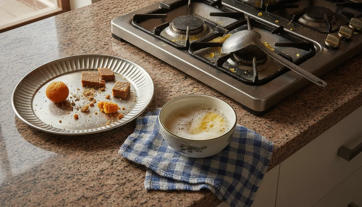Greasy Indian kitchen counter with cooking residue and mithai stains after Diwali