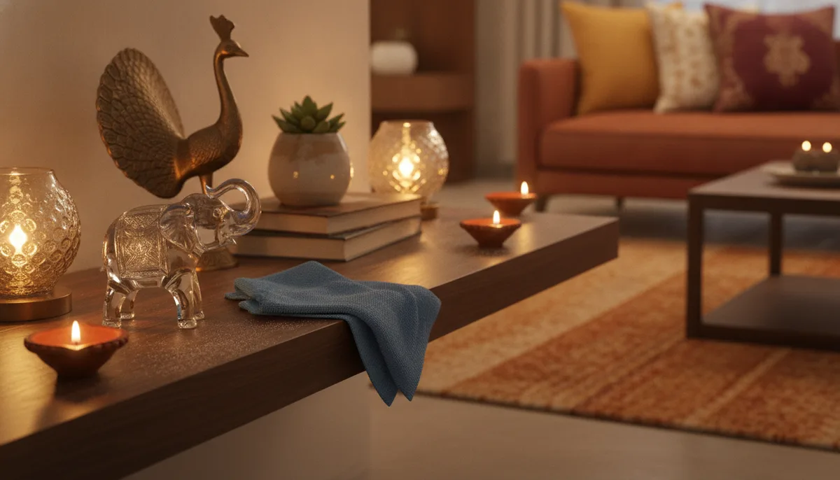 Indian living room surfaces with soot and smoke residue from Diwali diyas and incense