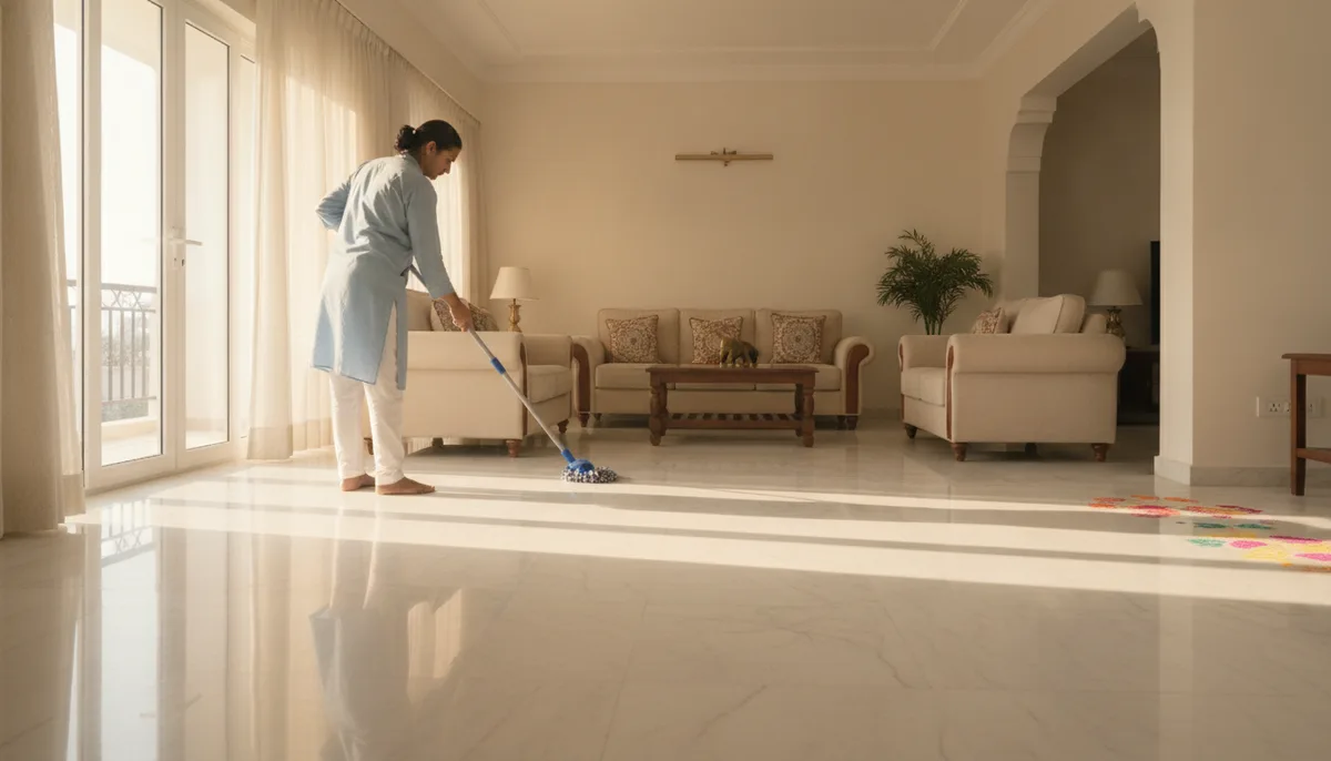 Person mopping Indian home floor with spin mop during post-Diwali cleaning session