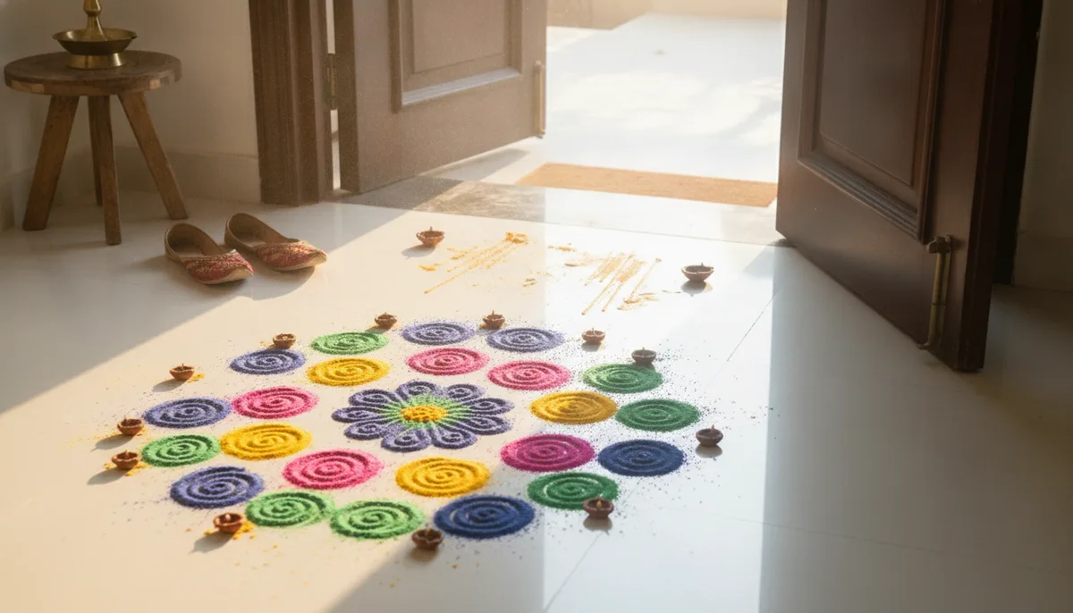 Rangoli powder and wax drips on Indian home entrance tiles after Diwali celebrations