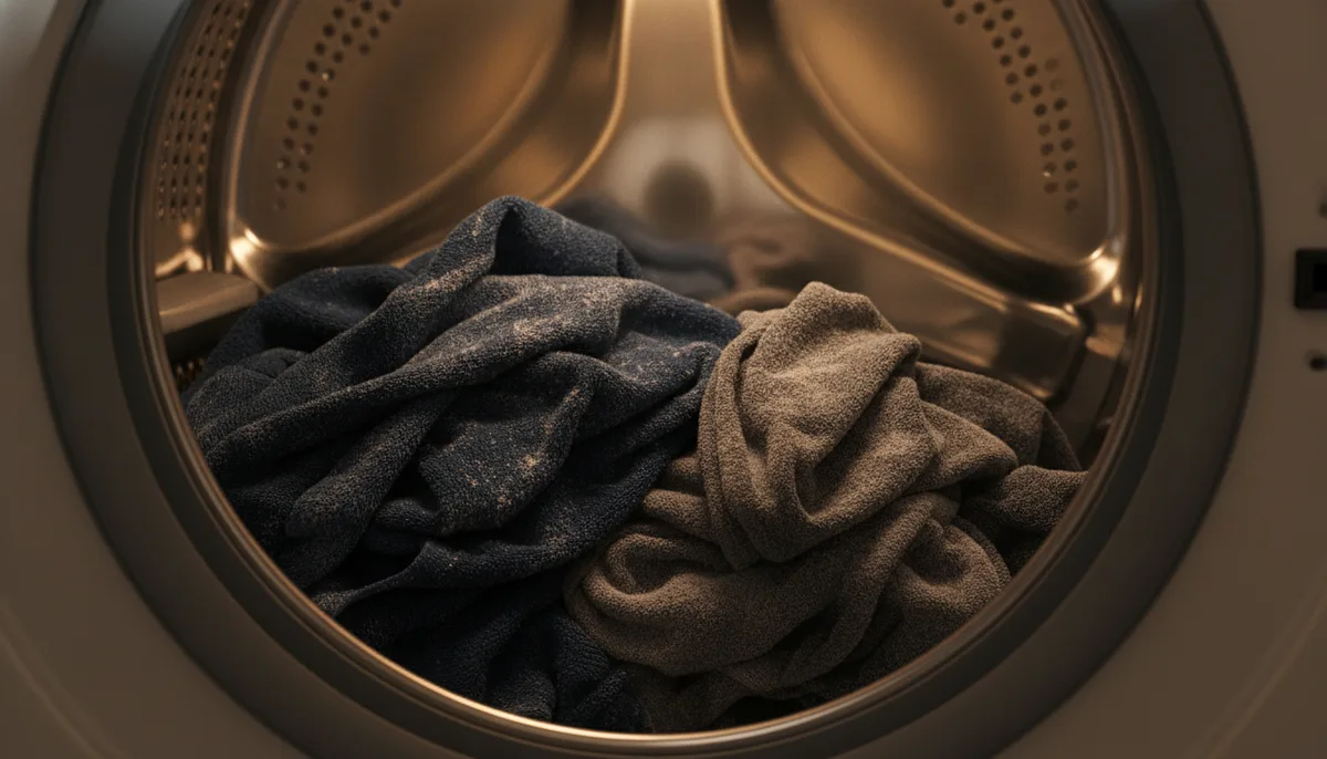 Chalky detergent residue visible on dark fabric inside a washing machine drum