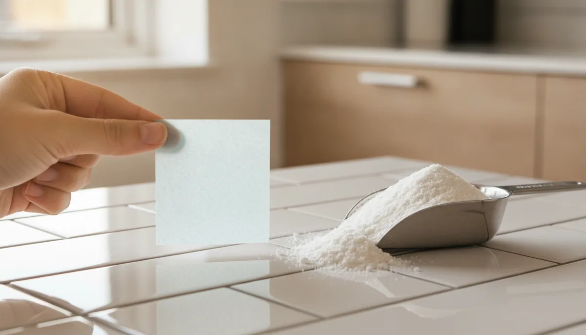 Laundry detergent sheet compared to powder detergent on a clean laundry counter