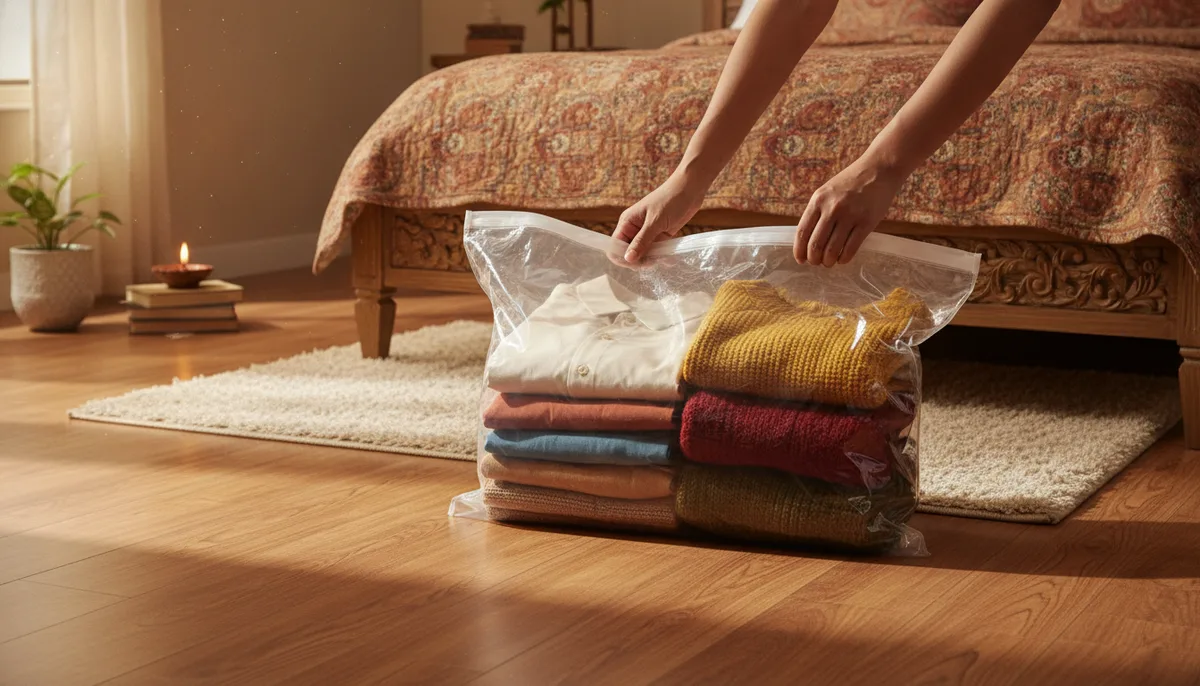 Off-season Indian clothes being packed into vacuum storage bags on a bedroom floor