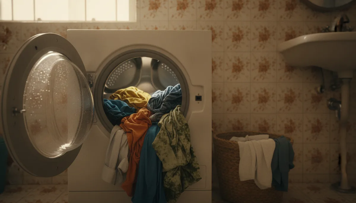Wet clothes left sitting in washing machine drum after cycle ends in Indian bathroom