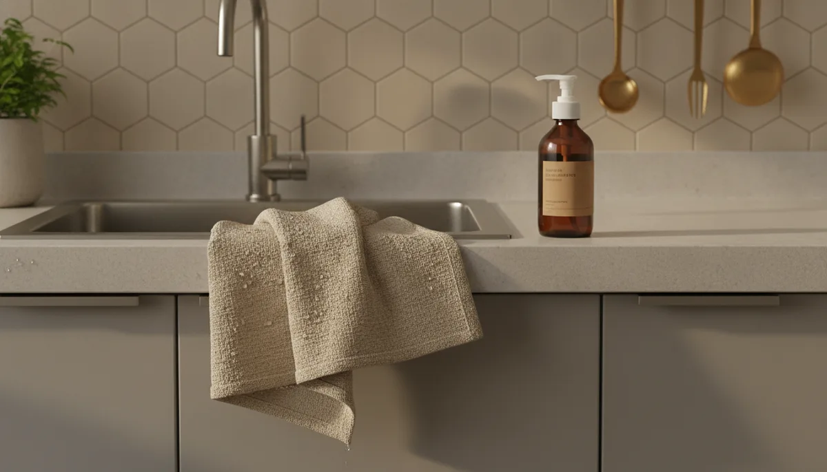 Dishwashing rag hanging to air dry on kitchen sink edge with cleaning concentrate bottle nearby