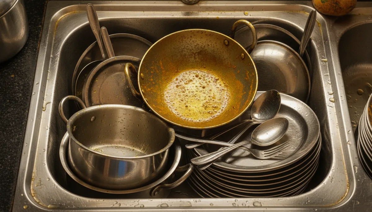 Greasy steel vessels and utensils piled in an Indian kitchen sink after cooking