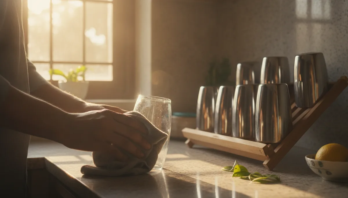 Person wiping a glass with a microfibre cloth to prevent hard water spots in an Indian kitchen