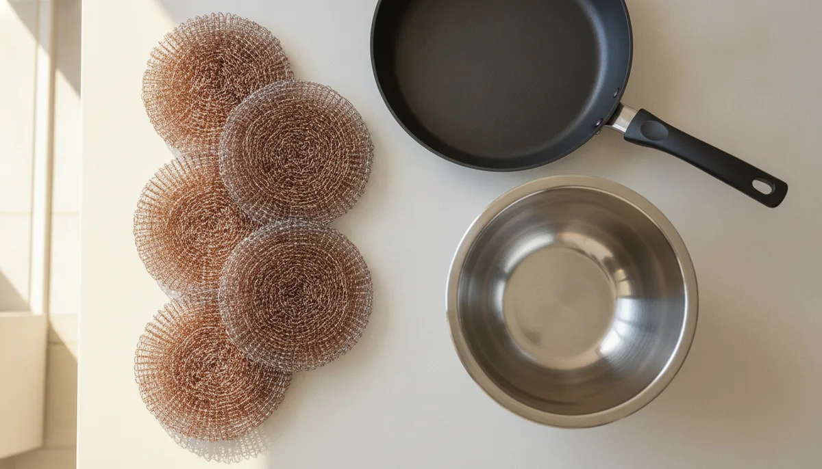 Wire dishwashing rags laid out next to steel bowl and non-stick pan on kitchen counter