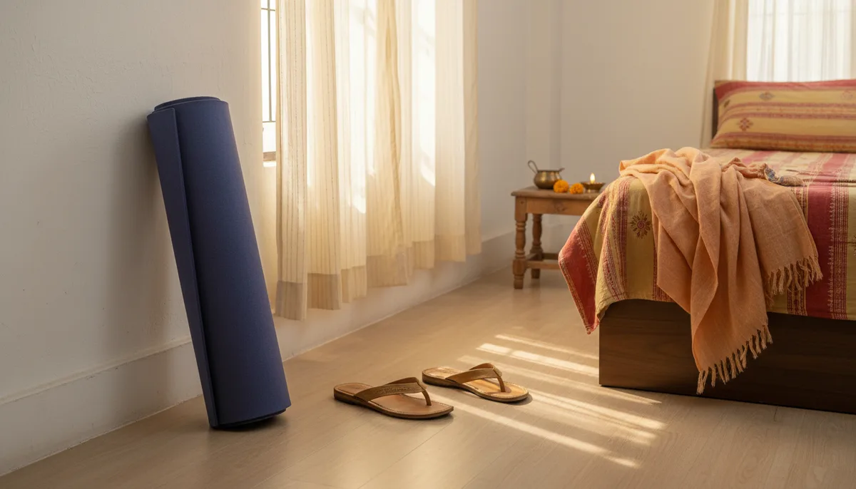 A yoga mat leaning unused against a bedroom wall in an Indian home with soft morning light