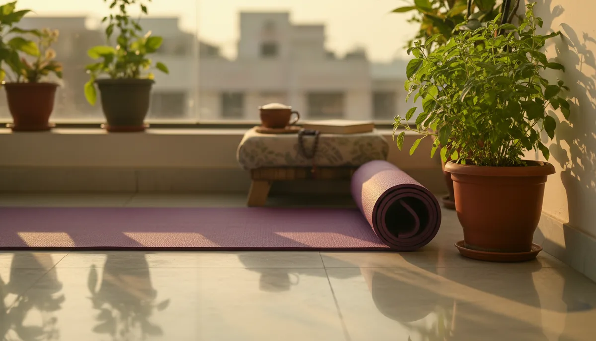 A cozy yoga corner on an Indian apartment balcony with a mat, tulsi plant, and morning light