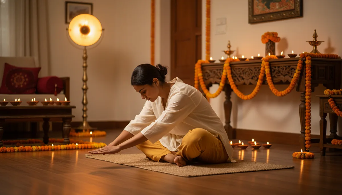 An Indian woman practicing gentle yoga in a Diwali-decorated living room with warm lamp light