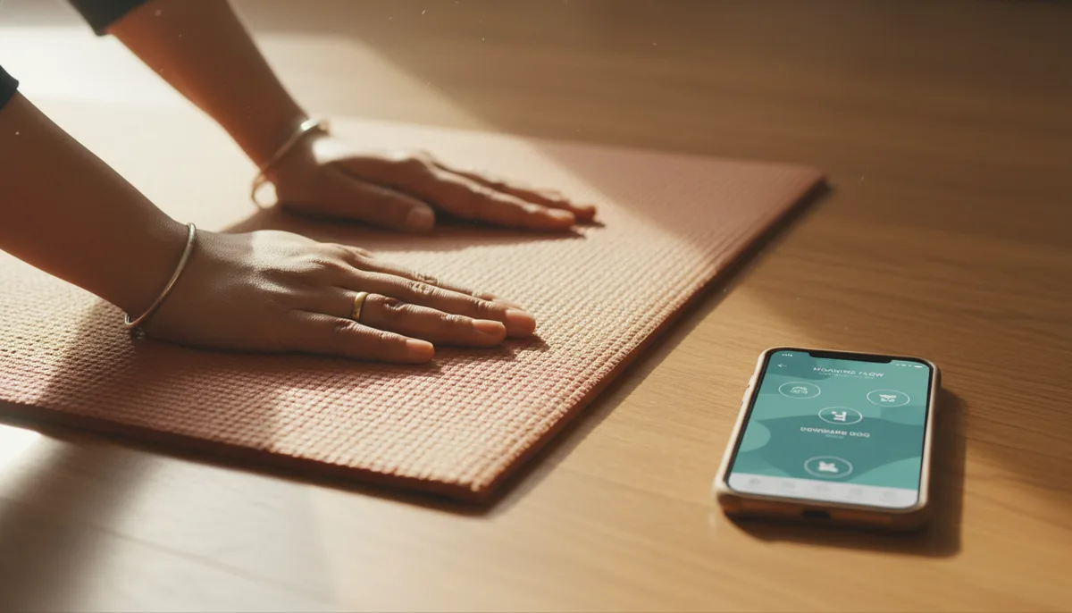 Close-up of hands on a yoga mat with a phone showing a yoga app in soft morning light