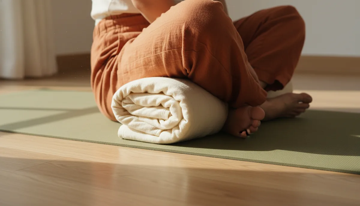 Close-up of yoga pose modification with folded towel placed behind knees for joint support