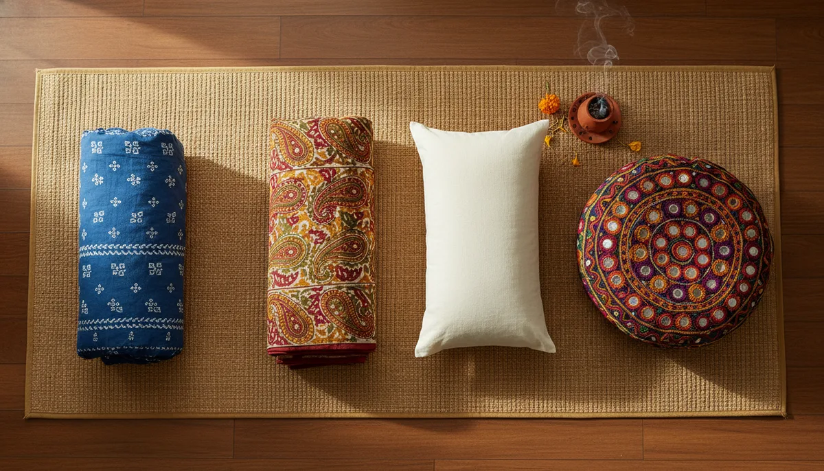 Everyday Indian household items like dupatta and cushions arranged as yoga props on a mat
