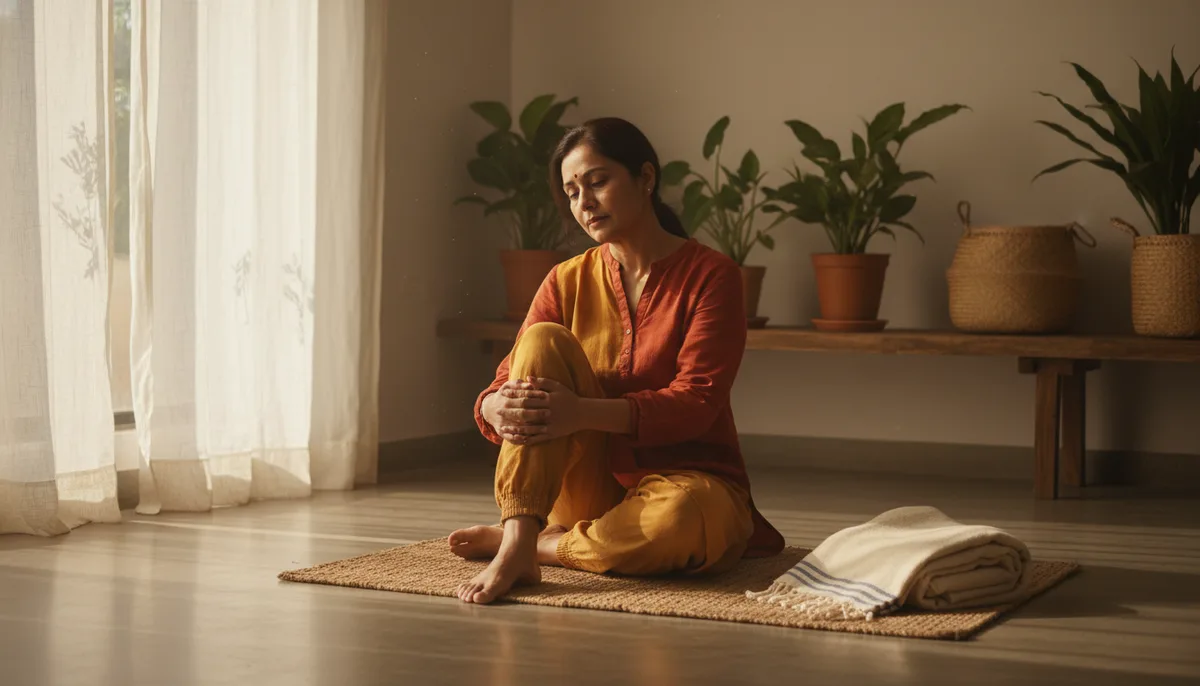 Indian woman sitting on yoga mat at home gently holding her knee with a thoughtful expression