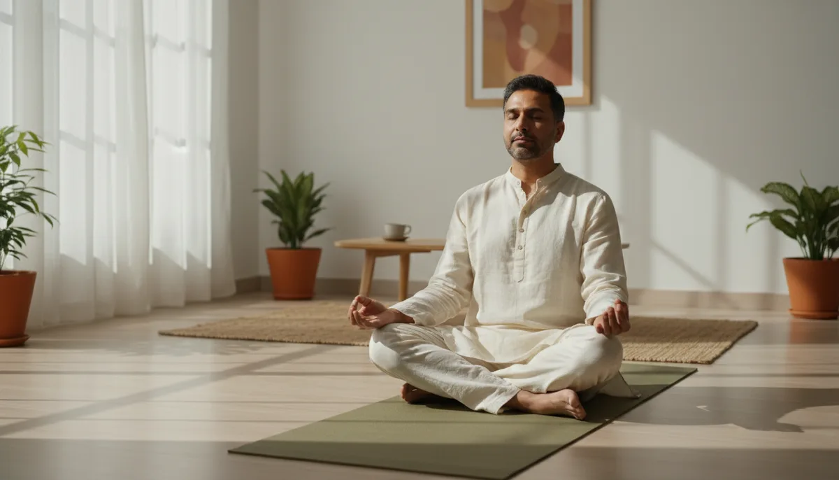 Middle-aged Indian man sitting calmly on yoga mat at home in a peaceful cross-legged position