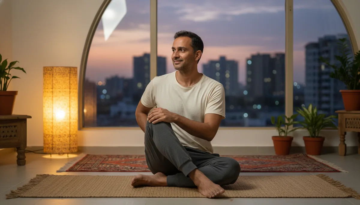 Man practicing evening yoga twist on a mat in a warmly lit Indian apartment at dusk