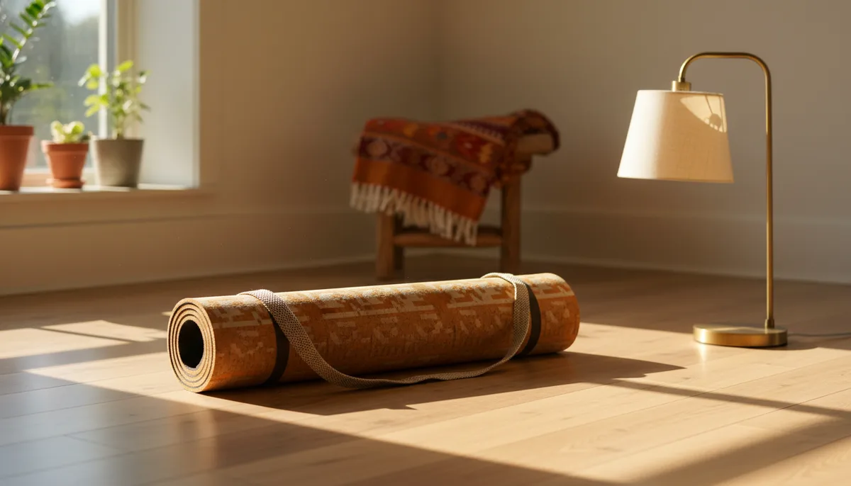 Rolled yoga mat on wooden floor in Indian home with both natural and lamp light