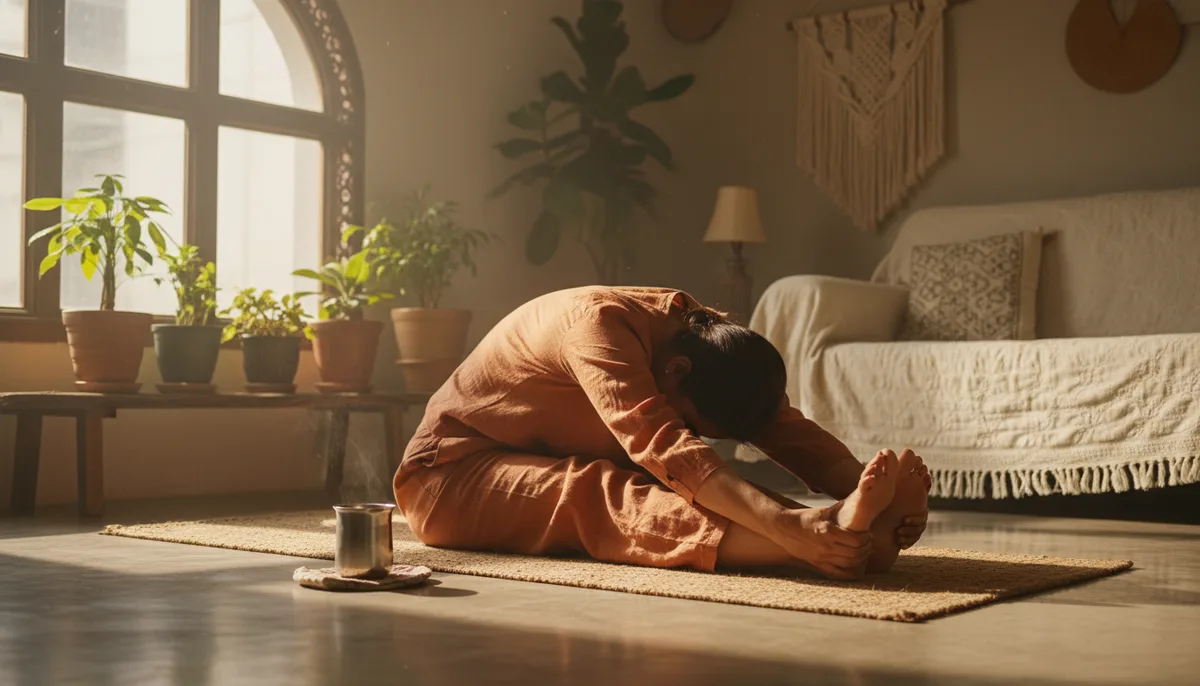 Woman doing morning yoga in a sunlit Indian home living room with chai nearby