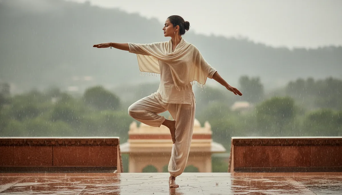 Woman doing yoga on a balcony during Indian monsoon rain with soft grey-green light
