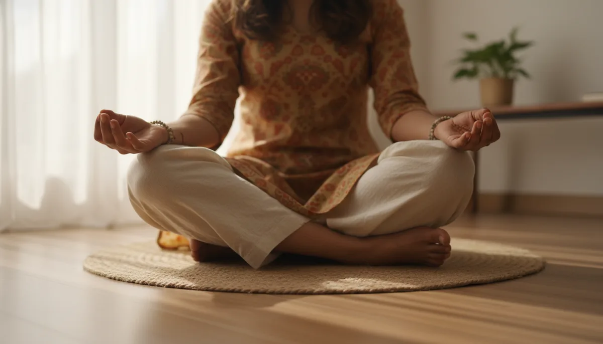 Close-up of relaxed hands on knees during seated breathing practice at home