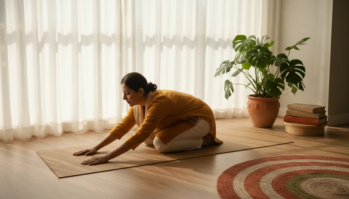 Indian woman doing Child's Pose on yoga mat in a sunny home living room