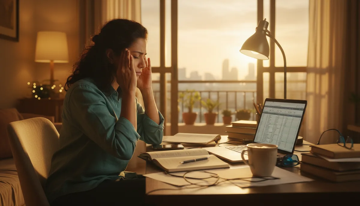 Tired Indian adult at home desk in warm evening light with chai cup nearby