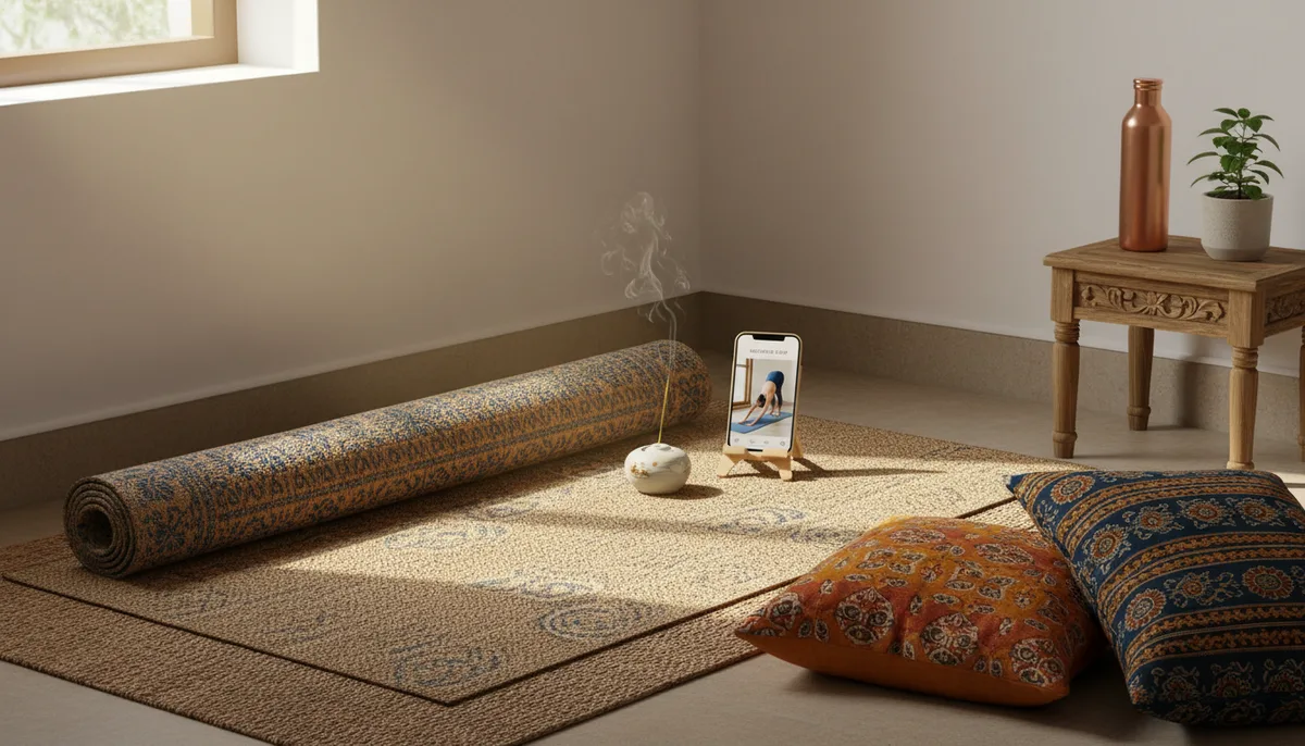 Yoga mat set up in an Indian bedroom morning light with phone showing yoga app