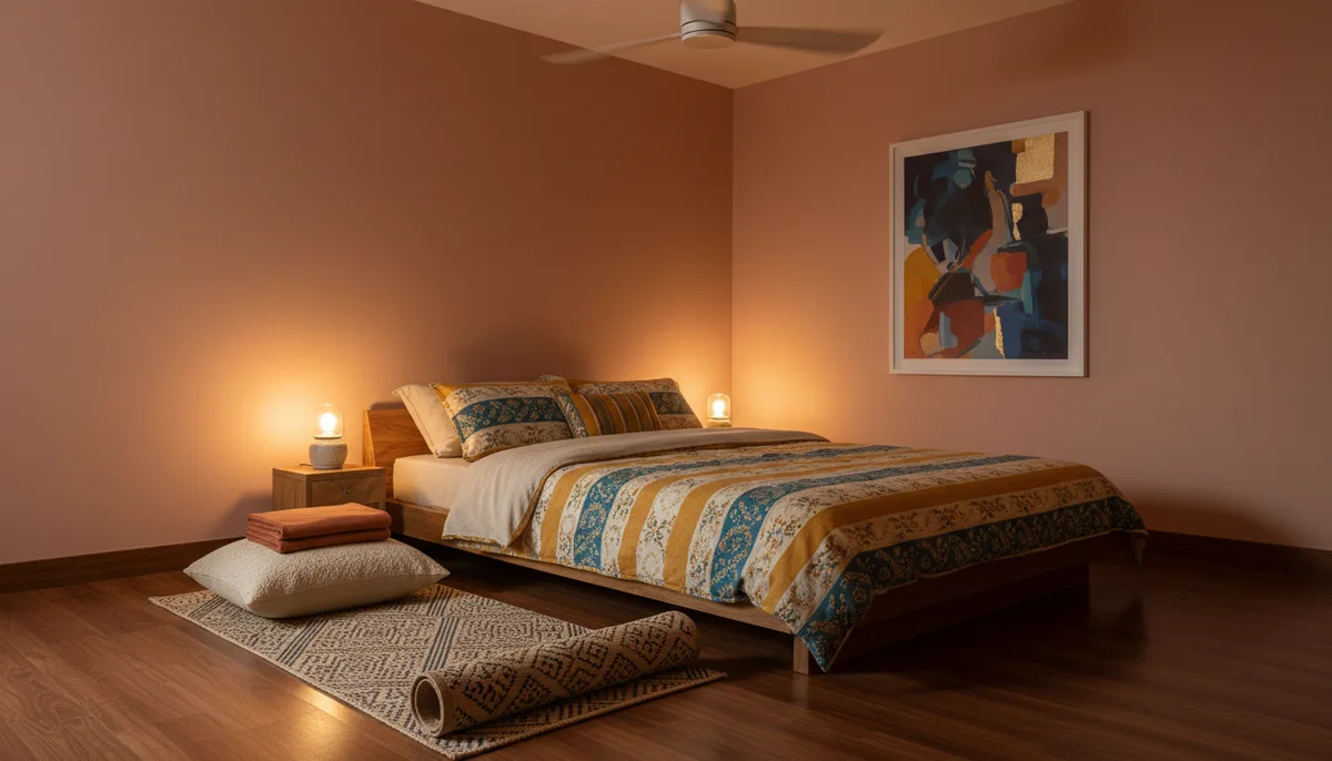 A cozy Indian bedroom at night with a yoga mat and cushion on the floor beside a bed, warm lamp light