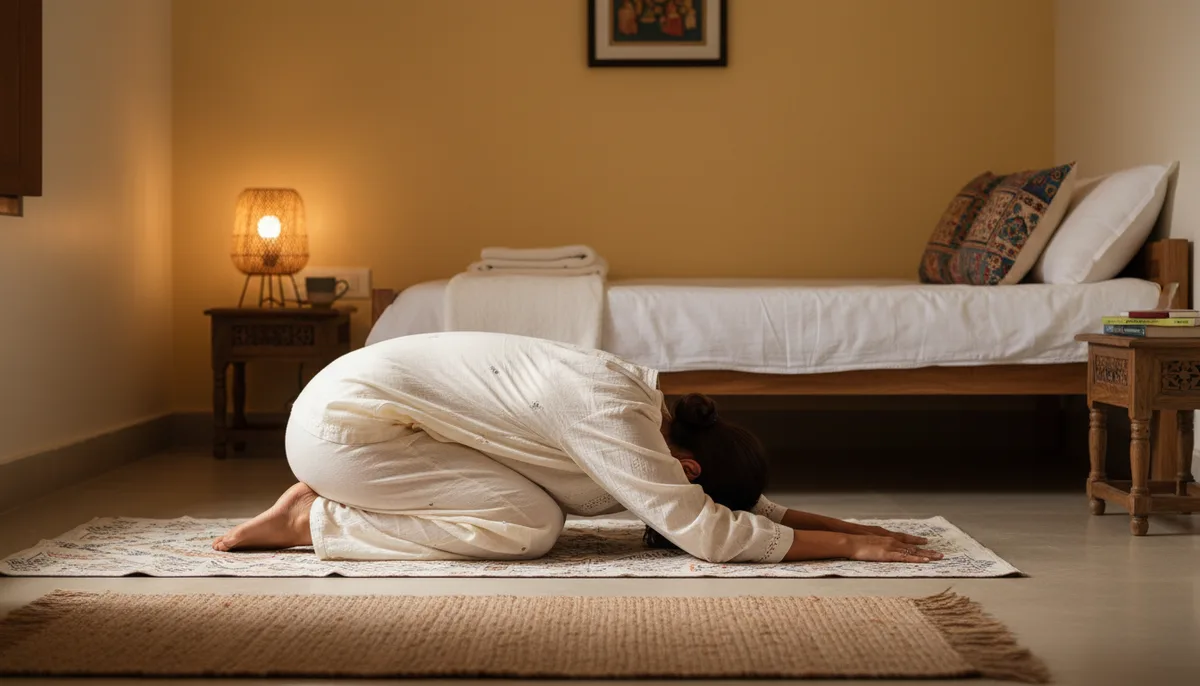 A woman practicing Child's Pose on a yoga mat in a dimly lit Indian bedroom at night