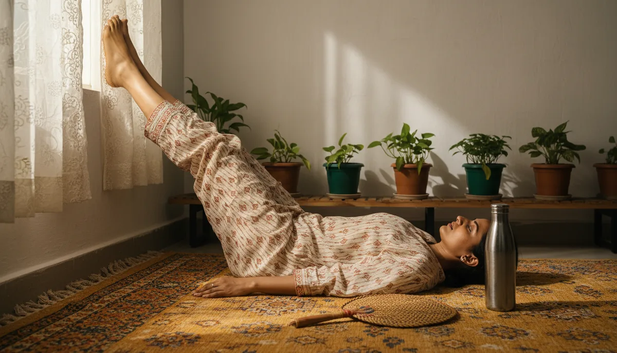 A woman practicing Legs Up the Wall pose against a bedroom wall in a warmly lit Indian apartment