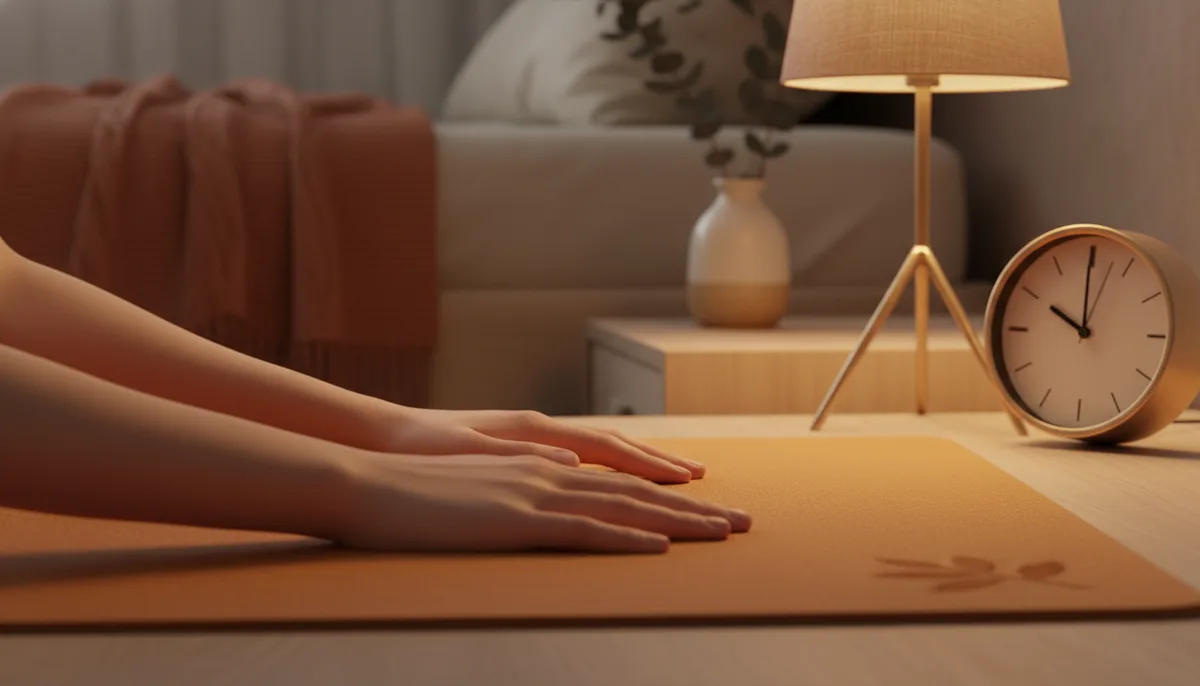Close-up of relaxed hands in Savasana pose on a yoga mat with a bedside clock and warm lamp light