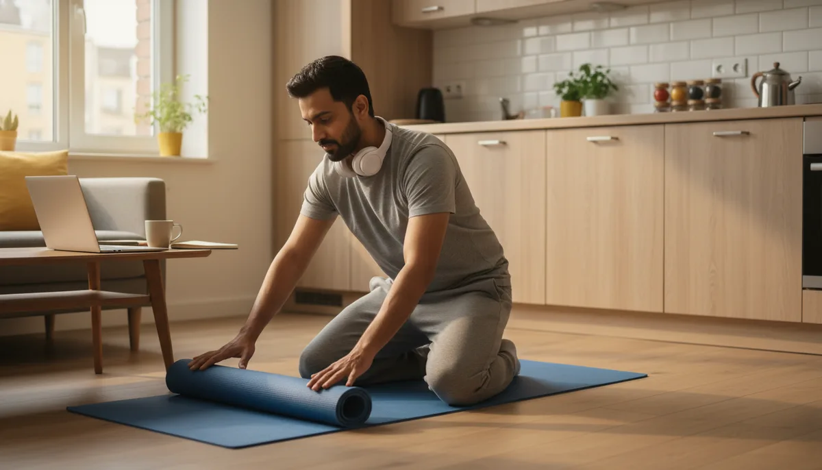 Indian professional rolling out yoga mat in a small apartment between work calls