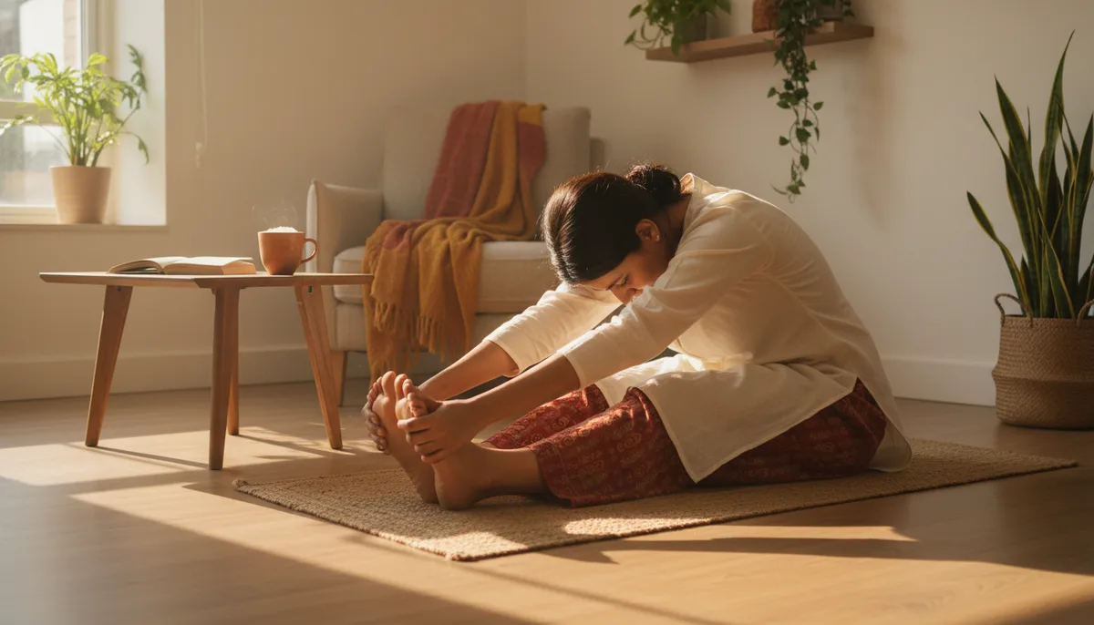 Indian woman doing a short yoga session on a mat at home in morning light