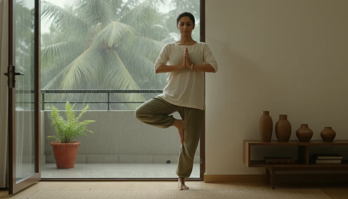 Woman practicing yoga at home by a balcony during Indian monsoon rain
