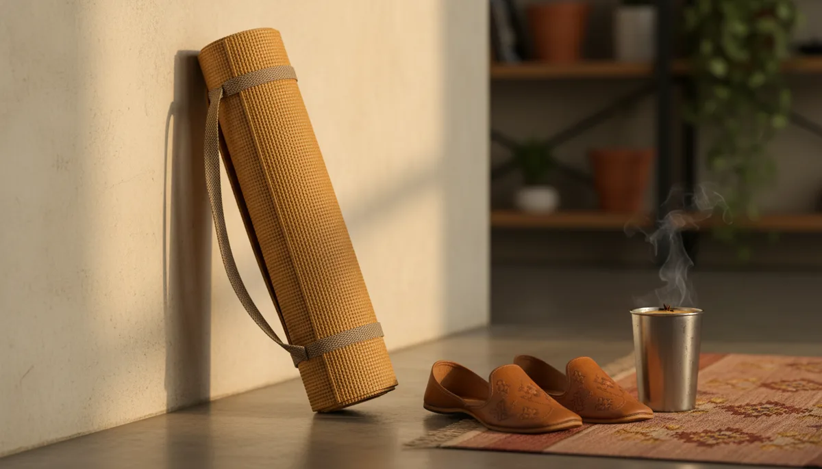 Yoga mat rolled up beside chai cup in a cozy Indian home corner