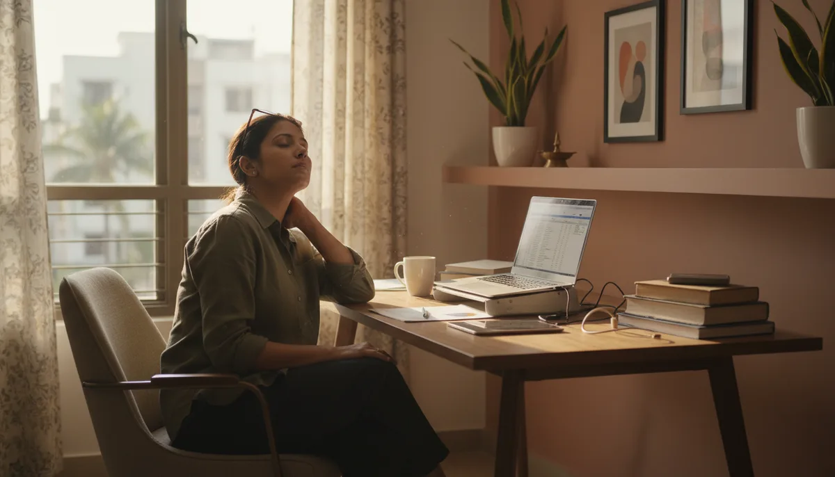 Indian office worker rubbing sore neck at home desk with laptop open