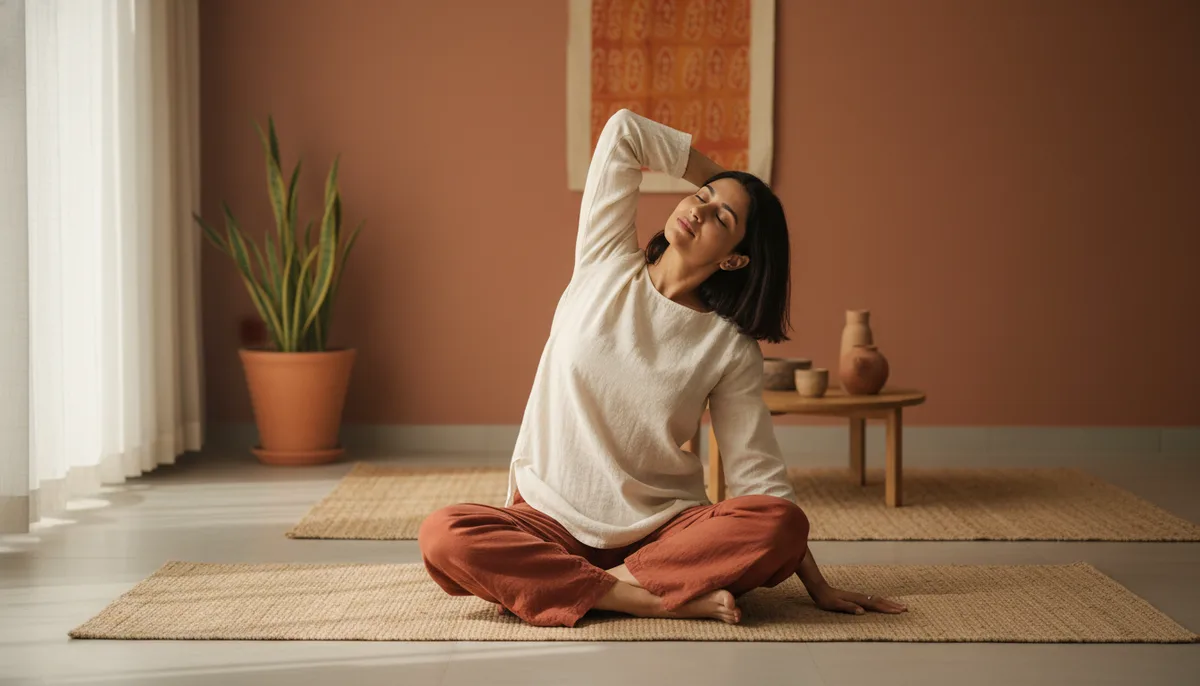 Woman doing a seated neck stretch on a yoga mat in an Indian home living room