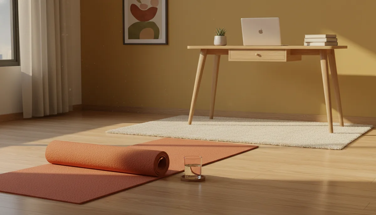 Yoga mat rolled out near a home office desk in a warm Indian apartment setting